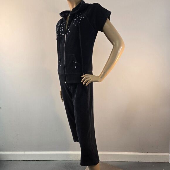Vishal Black Track Jogging Suit Zip Up Hoodie With Cropped Pants Womens Sz M - Picture 9 of 11